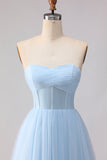 Blauwe strapless chiffon A-lijn korset lange bruidsmeisjesjurk