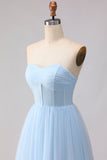 Blauwe strapless chiffon A-lijn korset lange bruidsmeisjesjurk