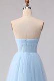 Blauwe strapless chiffon A-lijn korset lange bruidsmeisjesjurk