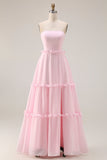 Blozende roze A-lijn strapless chiffon lange bruidsmeisjesjurk met split