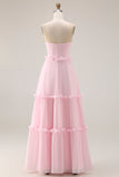 Blozende roze A-lijn strapless chiffon lange bruidsmeisjesjurk met split