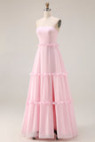 Blozende roze A-lijn strapless chiffon lange bruidsmeisjesjurk met split