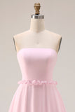 Blozende roze A-lijn strapless chiffon lange bruidsmeisjesjurk met split