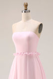 Blozende roze A-lijn strapless chiffon lange bruidsmeisjesjurk met split