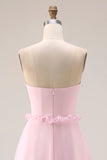 Blozende roze A-lijn strapless chiffon lange bruidsmeisjesjurk met split