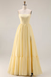 Lemon Sorbet Chiffon strapless A-lijn korset lange bruidsmeisjesjurk met split