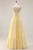 Lemon Sorbet Chiffon strapless A-lijn korset lange bruidsmeisjesjurk met split