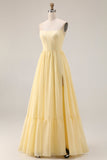 Lemon Sorbet Chiffon strapless A-lijn korset lange bruidsmeisjesjurk met split
