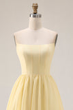 Lemon Sorbet Chiffon strapless A-lijn korset lange bruidsmeisjesjurk met split