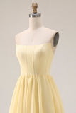 Lemon Sorbet Chiffon strapless A-lijn korset lange bruidsmeisjesjurk met split