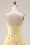 Lemon Sorbet Chiffon strapless A-lijn korset lange bruidsmeisjesjurk met split