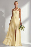 Citroen Sorbet A Line Chiffon Convertible Lange Bruidsmeisjesjurk met split