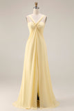 Citroen Sorbet A Line Chiffon Convertible Lange Bruidsmeisjesjurk met split