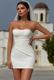 Witte Bodycon strapless gerimpelde korte trouwjurk