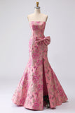 Fuchsia zeemeermin strik strapless jacquard lange galajurk met split