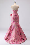 Fuchsia zeemeermin strik strapless jacquard lange galajurk met split