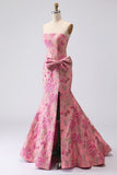 Fuchsia zeemeermin strik strapless jacquard lange galajurk met split