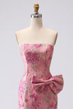 Fuchsia zeemeermin strik strapless jacquard lange galajurk met split