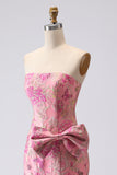 Fuchsia zeemeermin strik strapless jacquard lange galajurk met split