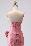Fuchsia zeemeermin strik strapless jacquard lange galajurk met split