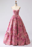Fuchsia Jacquard A Line Corset Strapless lange galajurk
