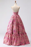 Fuchsia Jacquard A Line Corset Strapless lange galajurk