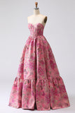 Fuchsia Jacquard A Line Corset Strapless lange galajurk