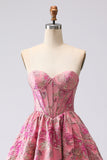 Fuchsia Jacquard A Line Corset Strapless lange galajurk