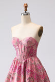 Fuchsia Jacquard A Line Corset Strapless lange galajurk