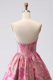 Fuchsia Jacquard A Line Corset Strapless lange galajurk