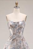 Zilveren Jacquard strapless A-lijn korset lange galajurk met split