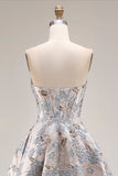 Zilveren Jacquard strapless A-lijn korset lange galajurk met split