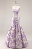 Strapless zeemeermin lila jacquard satijn brokaat lange bloemenjurk galajurk