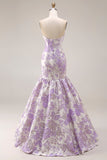 Strapless zeemeermin lila jacquard satijn brokaat lange bloemenjurk galajurk