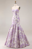Strapless zeemeermin lila jacquard satijn brokaat lange bloemenjurk galajurk