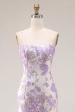 Strapless zeemeermin lila jacquard satijn brokaat lange bloemenjurk galajurk