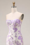Strapless zeemeermin lila jacquard satijn brokaat lange bloemenjurk galajurk