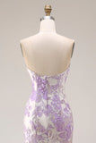 Strapless zeemeermin lila jacquard satijn brokaat lange bloemenjurk galajurk