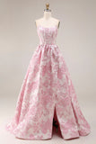 Roze bloemen strapless korset Jacquard brokaat A-lijn lange galajurk met split