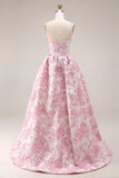 Roze bloemen strapless korset Jacquard brokaat A-lijn lange galajurk met split