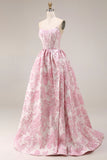 Roze bloemen strapless korset Jacquard brokaat A-lijn lange galajurk met split