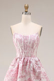Roze bloemen strapless korset Jacquard brokaat A-lijn lange galajurk met split