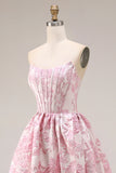 Roze bloemen strapless korset Jacquard brokaat A-lijn lange galajurk met split