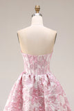 Roze bloemen strapless korset Jacquard brokaat A-lijn lange galajurk met split