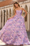 Lila strapless jacquard A-lijn korset brokaat lange galajurk