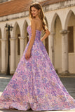 Lila strapless jacquard A-lijn korset brokaat lange galajurk