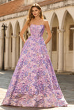 Lila strapless jacquard A-lijn korset brokaat lange galajurk