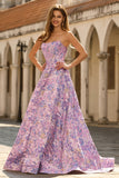 Lila strapless jacquard A-lijn korset brokaat lange galajurk