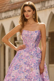 Lila strapless jacquard A-lijn korset brokaat lange galajurk