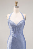 Lichtblauwe zeemeermin halter met kralen, korset lange galajurk met split